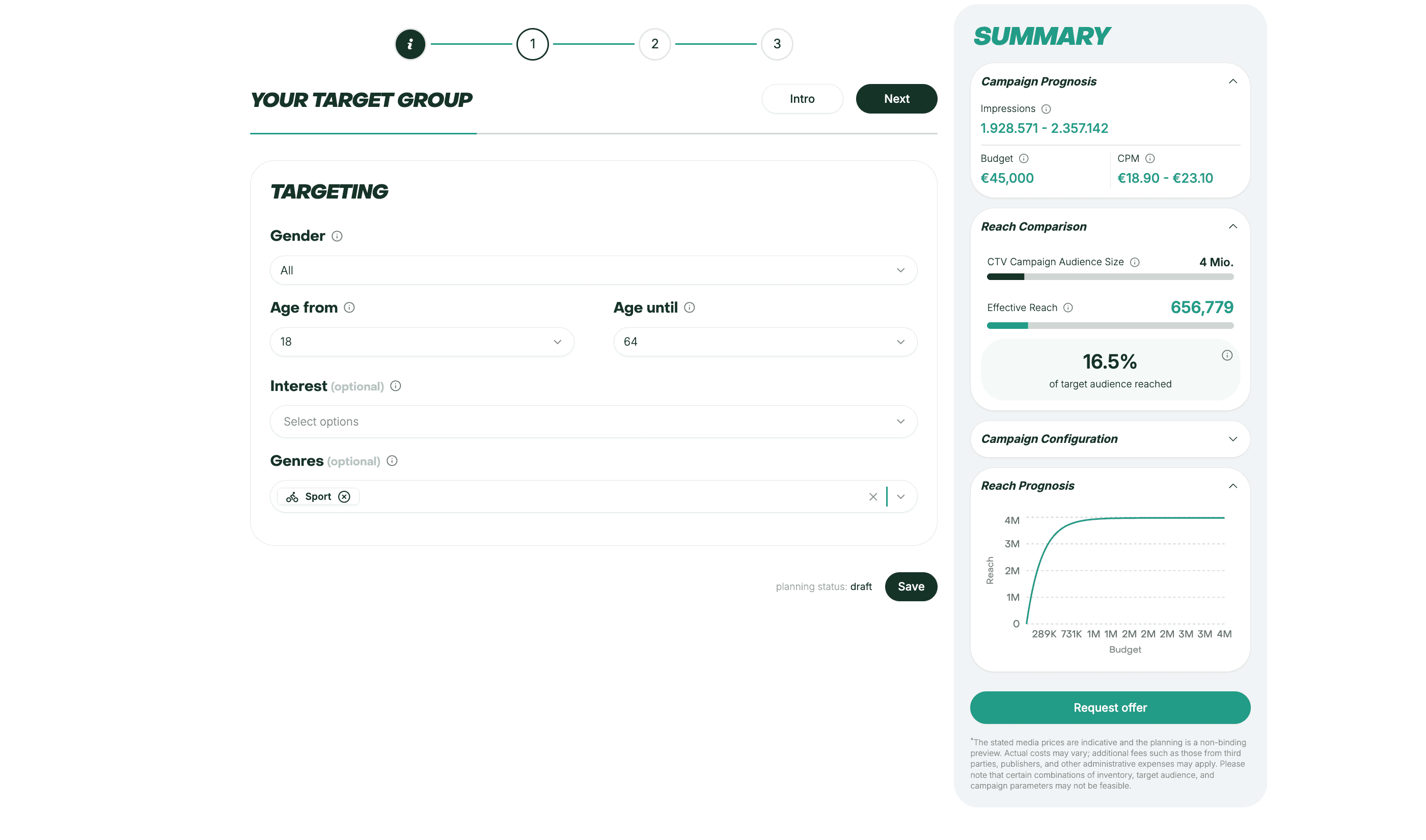 viiew CTV Planner – define an audience by demographics and interests