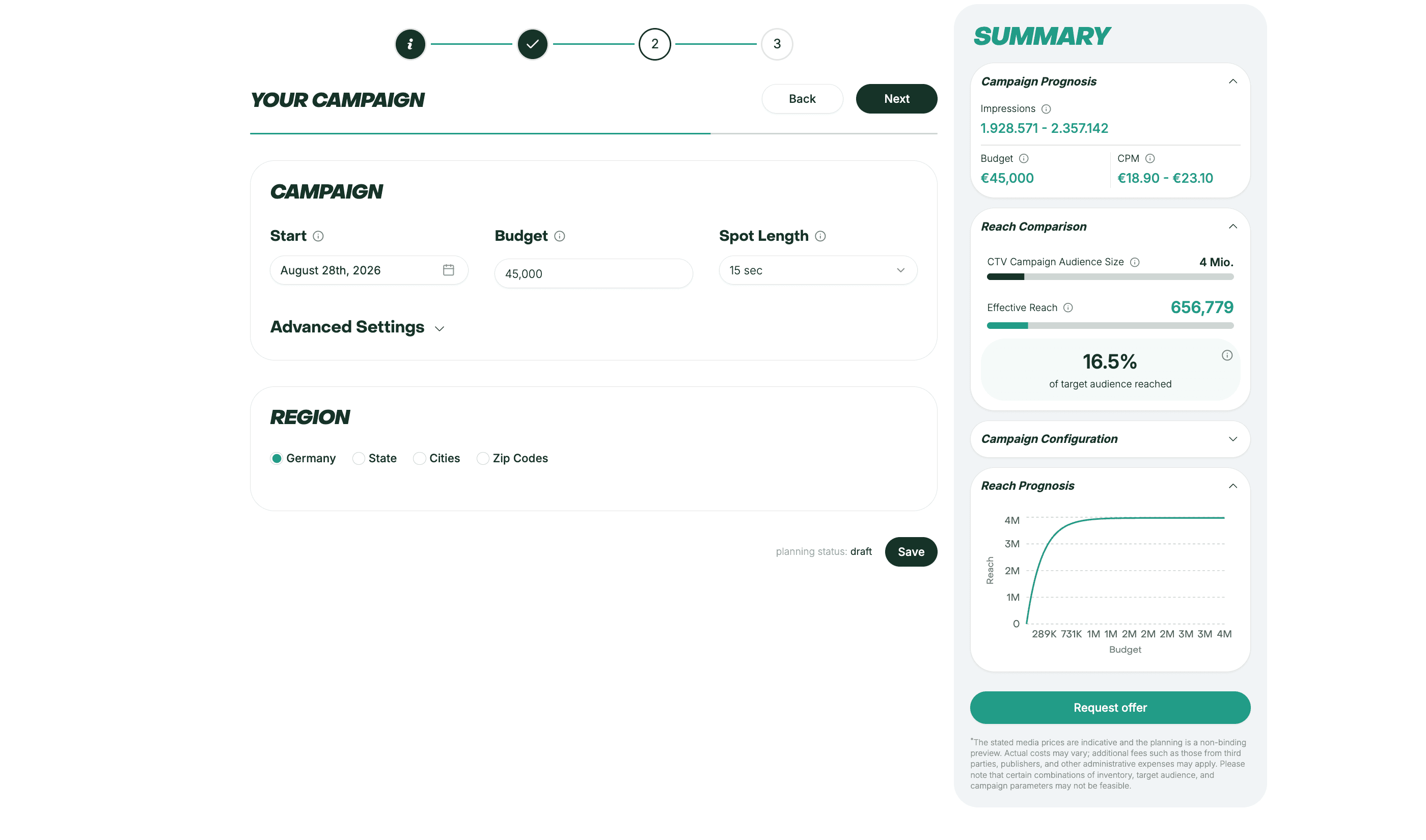 viiew CTV Planner – configure campaign budget, duration, and region